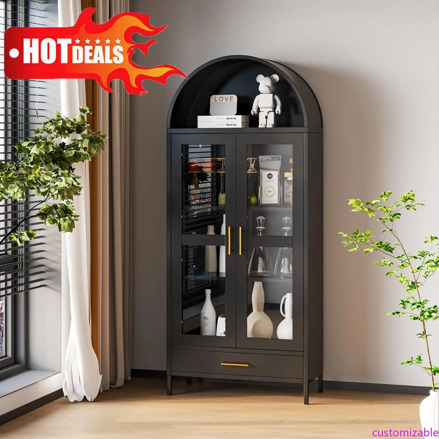 Customizable 73In Tall Metal Arched Cabinet, Arched Display Pantry Cabinet With Glass Door,for Living Room, Black, Assembly Requ