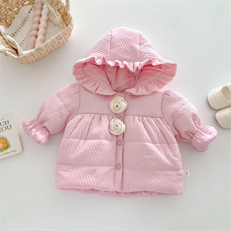 Children's Winter Coat Pink Bow New Hooded and Velvet Warm Thick Cotton Jacket Kids Outerwear Hoody for Girl