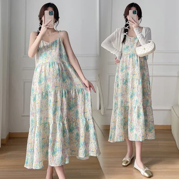 2025 Spring Maternity Holiday Dress Suits Luxury Pregnant Woman Floral Strap Dress Long Sleeve Knit Cardigans Pregnancy Twinset