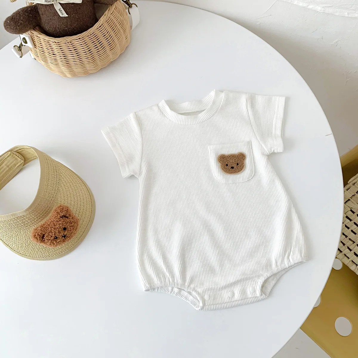 2025 Baby Summer Newborn Baby Boys Bodysuit Bear Round neck Short Sleeve Solid Cotton Triangle Romper Toddler Boys Jumpsuit 5