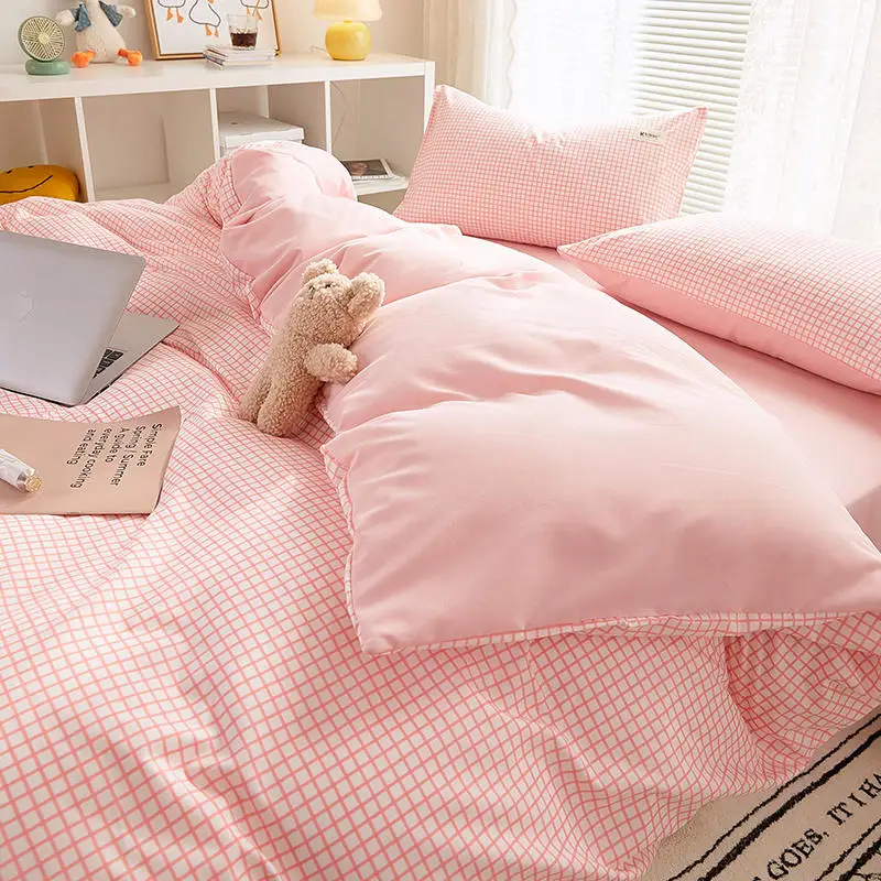 Pink Duvet Cover Sets Simple Style Plaid Pattern nordica Bed Linen With Pillowcase Girls