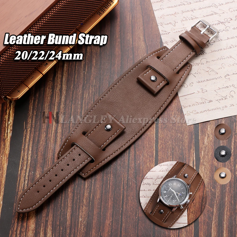 Vintage Cowhide Leather Cuff Watch Band Bracelet for Men - Available in Dark Brown, Black, and Light Brown (20mm, 22mm, 24mm)