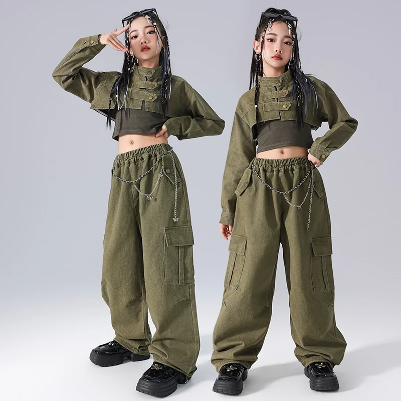 Hip Hop Girls Clothes Jazz Dance Navel Tops Long Sleeves Loose Pants Street Dance Costume Group Performance Suit BL14038
