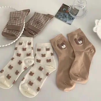 레트로 새로운 갈색 곰 양말 여성 중간 튜브 양말 1 쌍, 일본식 귀여운 작은 신선한 야생 학생 양말 가을 겨울 양말