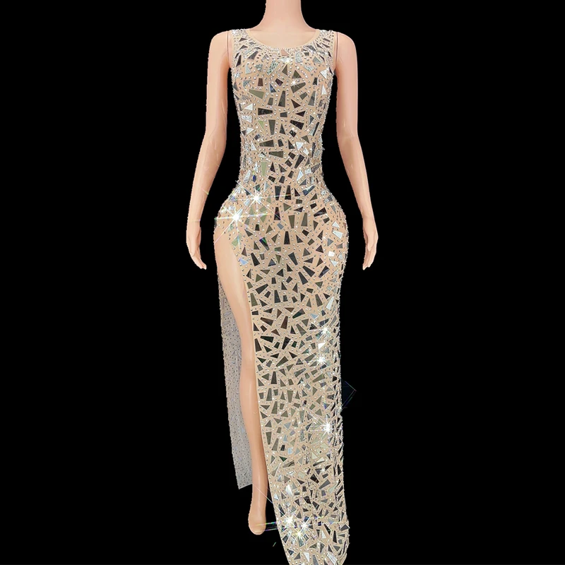 

Rhinestone Women Sexy Sparkly Mirror High Split Long Dress Singer Costume