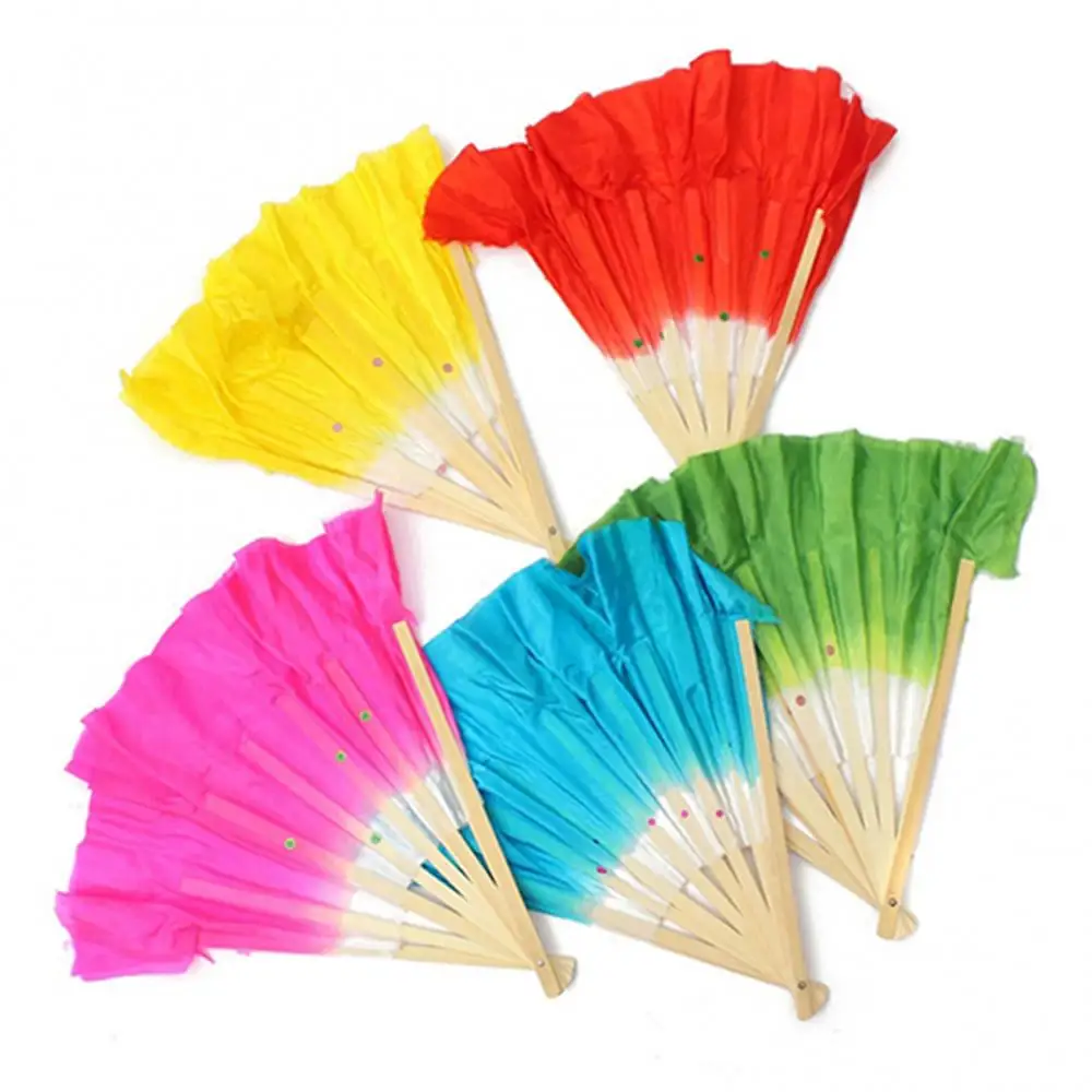 

Chinese Style Handmade Bamboo Handle Artificial Silk Folk Art Belly Dancing Fan Gradient Color Dancer Practice Silk Fans