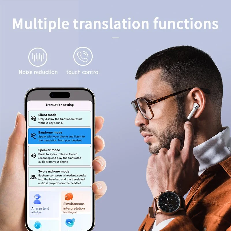 J15 Intelligent Translation Earphones with 143 Languages, Wireless Bluetooth Noise Reduction, Half In Ear Translation Earphones