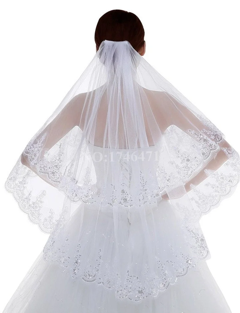 2 Layers Lace Silver Lined Beaded Edge Fingertip Length Bridal Wedding Veil with Comb