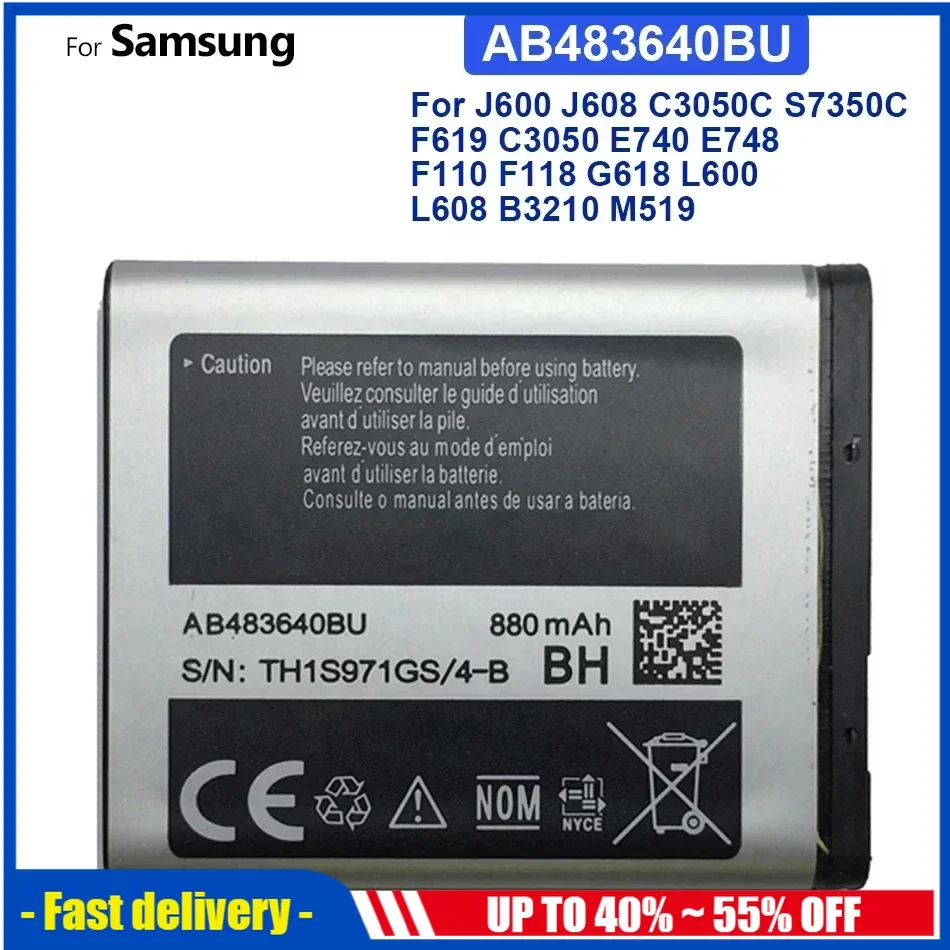 Аккумулятор AB483640BU для мобильного телефона, 880 мАч, для Samsung J600, J608, C3050C, S7350C, F619, C3050, E740, E748, F110, F118, G618, L600, L608, B3210, M519