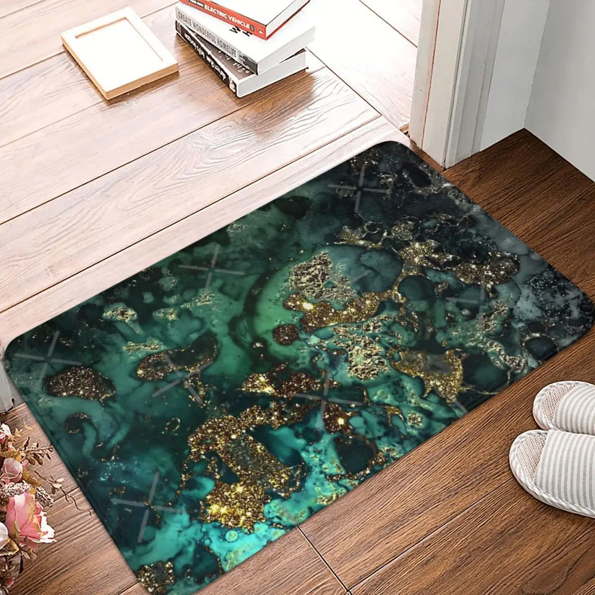 

Gold Indigo Faux Malachite Marble 60x40cm Carpet Polyester Floor Mats Trendy Practical Home Decor