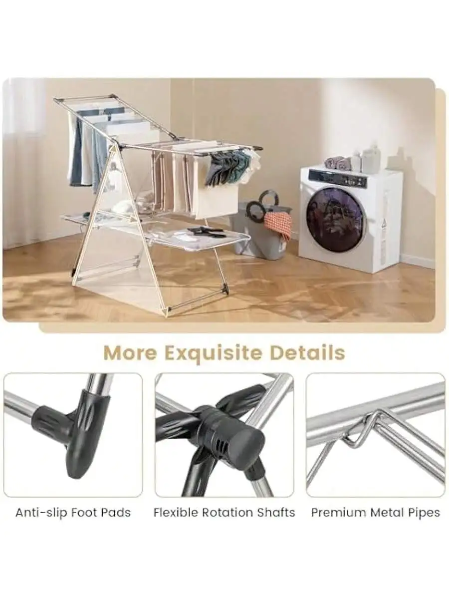 Clothes Drying Rack Stainless Steel Foldable Laundry Drying Rack with with 6-Level Adjustable Height High Hanger Design 6
