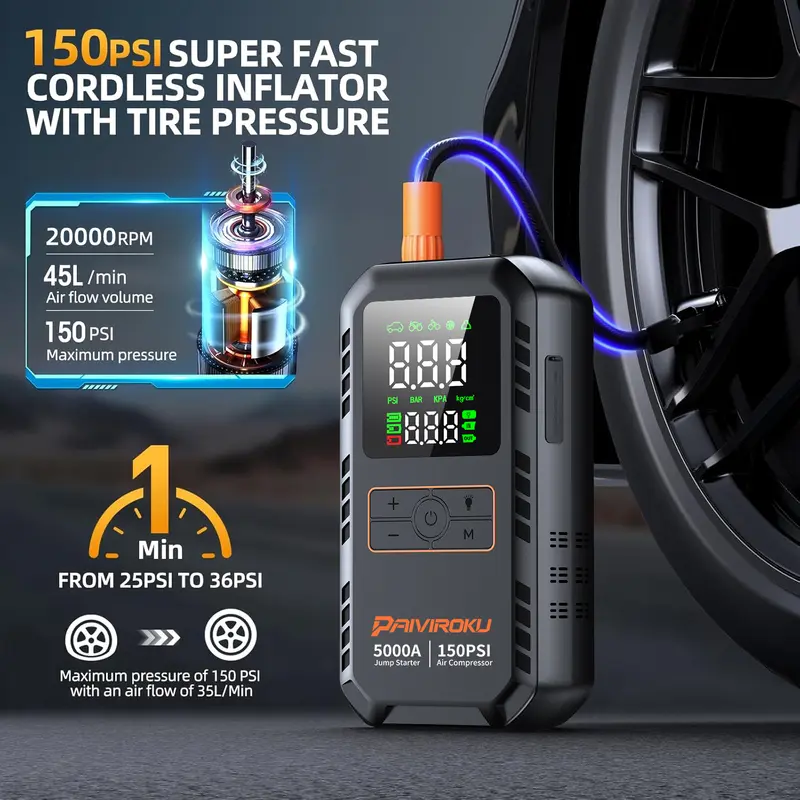 PAIVIROKU 4-IN-1 Car Jump Starter with Air Compressor 5000APeak Auto Battery Booster 150PSI Air Pump Power Bank Tire Inflator - Image 3