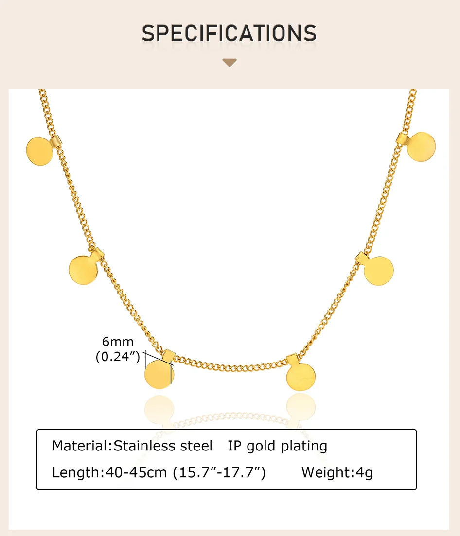 Delicate Small Multiple Coins Disc Necklace for Women, Gold Color Stainless Steel Waterproof