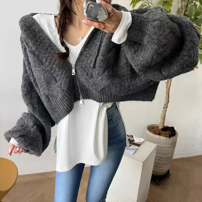 Fashion New Women's Long Sleeve Knitted Cardigan Sweater Women's Casual Cardigan Hooded Loose Jacket