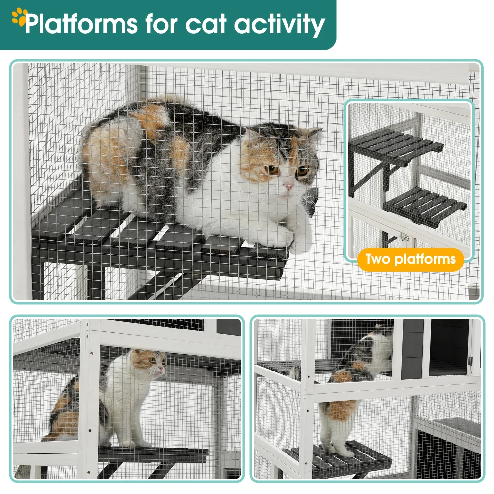 3-Tier Wooden Outdoor & Indoor Cat House Suitable for 1-3 Cats Cat Enclosure Resting Box with 4 Platforms and 2 doors