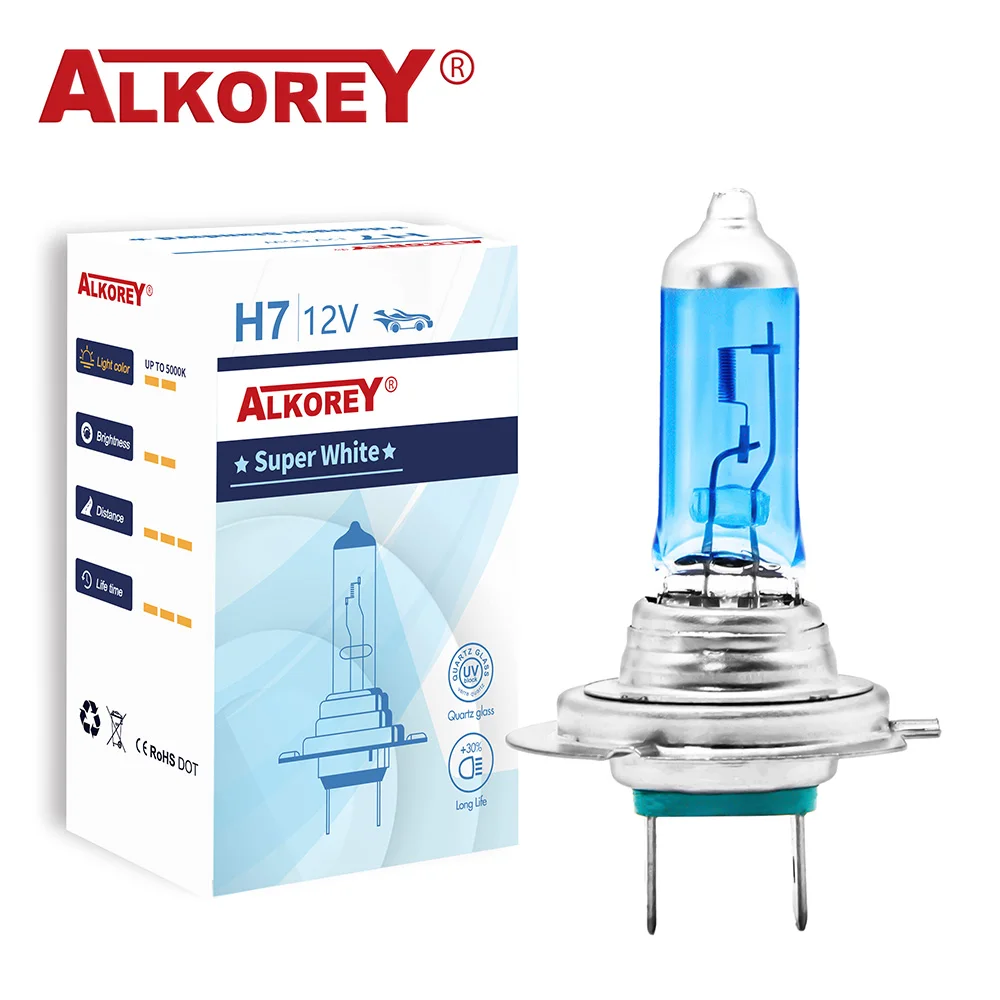 ALKOREY 2 Pcs H7 Px26d 12V 55W Blue Glass Car Fog Headlight Bulbs Super White 5000K Auto Halogen Lamps 2