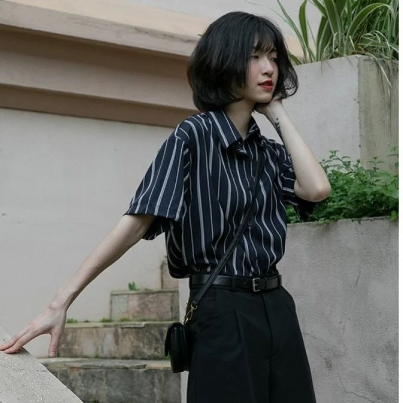 XEJ Elegant and Youth Woman Blouses Short Sleeve Striped Shirt British Style Summer Shirts for Women Fashion Retro Shirt