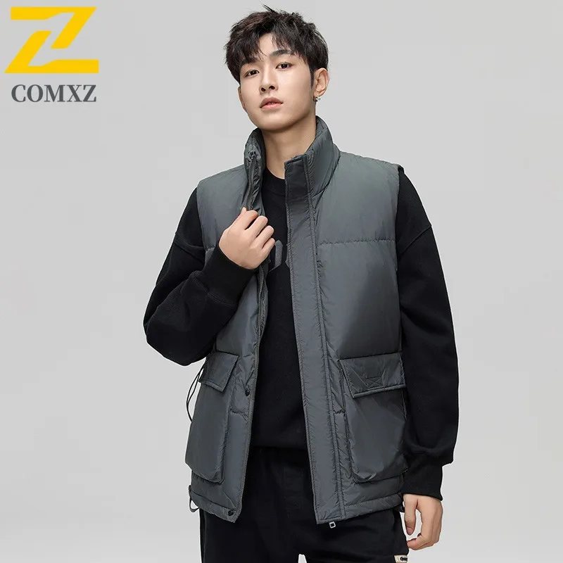 Autumn Winter Men's Down Work Vest Stand Collar  Loose Fit Waterproof Windproof Workwear Jacket for Hiking Camping Fishing 2025