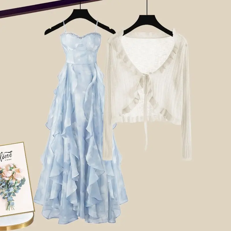 Spring/Summer Set Women's 2024 New Korean Edition Sunscreen Ice Silk Knitted Cardigan Hanging Strap Dress Two Piece Set
