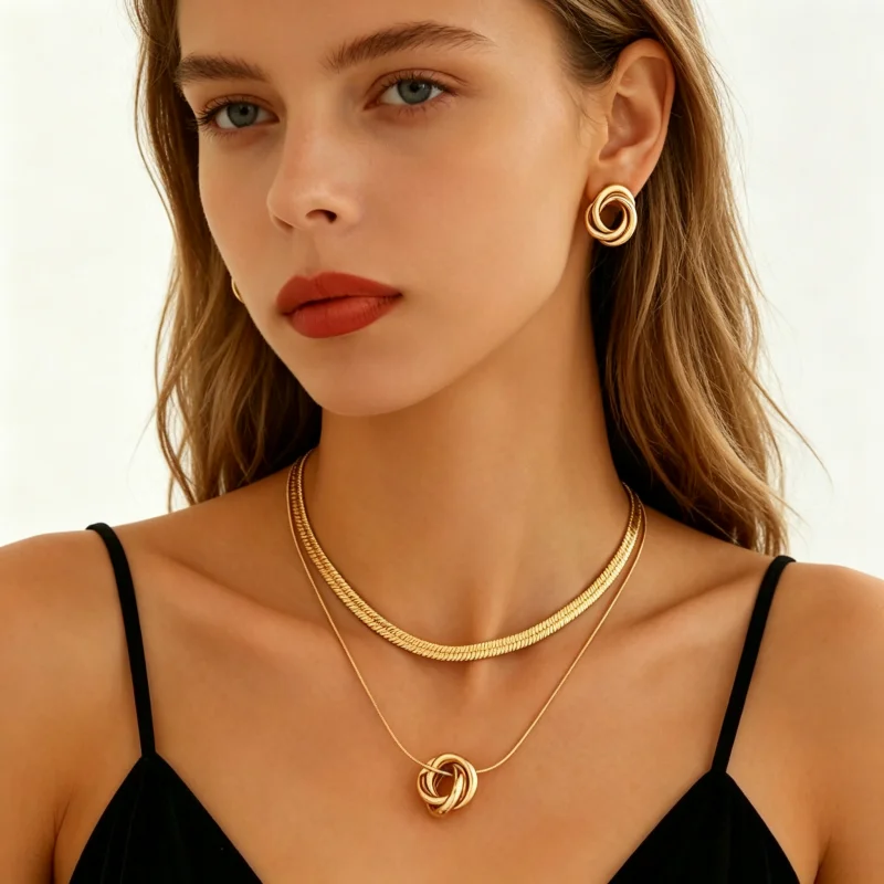 Minimalist Twisted Circle Knot Pendant Necklace Earring Set, Two Layer Herringbone Snake Chain Choker for Ladies Wedding Dating