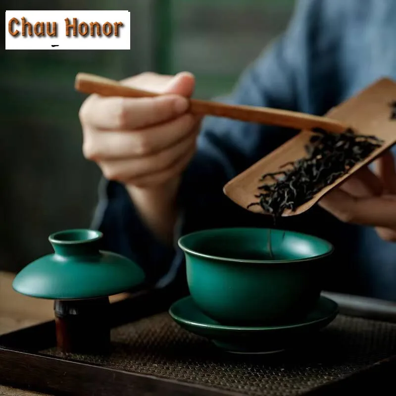 135ml Japanese Turquoise Coarse Gaiwan Vintage Tea Tureen Tea Bowl with Lid Kit Tea Maker Cover Bowl Drinkware Accessories Gift