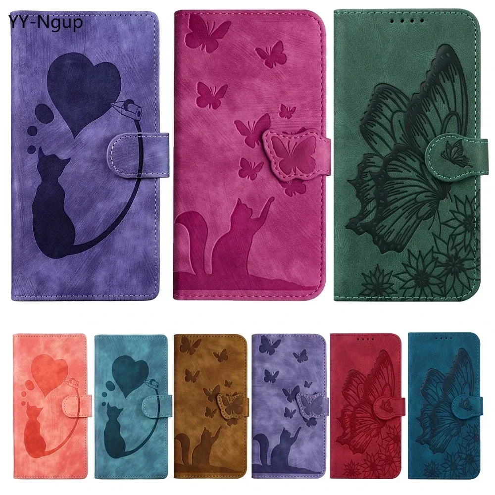Cat & Butterfly Leather Wallet Flip Phone Case - Elegant and Functional Back Cover