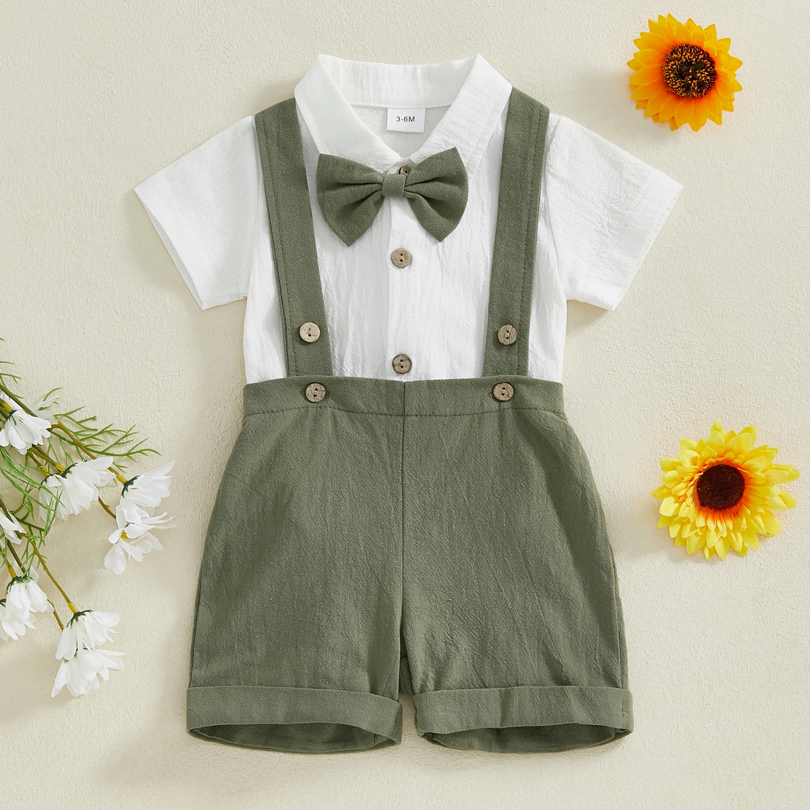 BeQeuewll 2PCS Summer Baby Gentleman Clothes for Boys Short Sleeve Lapel Neck Romper with Suspender Shorts Bowtie Newborn Suits 1