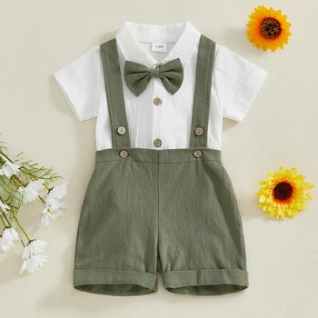 BeQeuewll 2PCS Summer Baby Gentleman Clothes for Boys Short Sleeve Lapel Neck Romper with Suspender Shorts Bowtie Newborn Suits 1