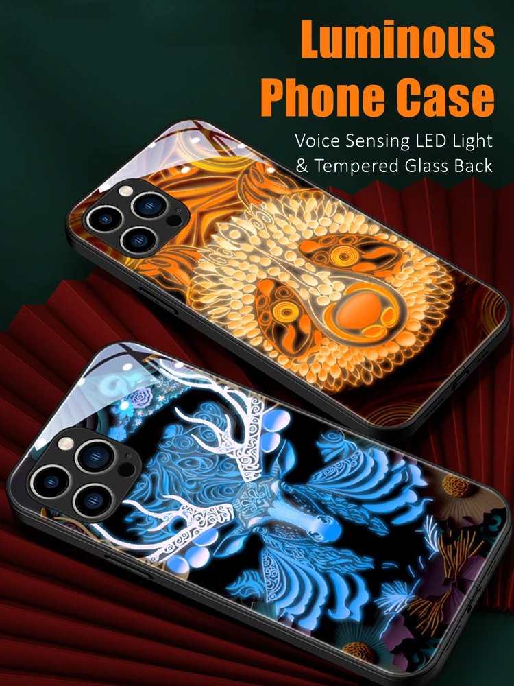 

Buddha 7 Color LED Light Glowing Luminous Tempered Glass Back Phone Case for Huawei P40 P50 P60 Mate 30 40 50 Nova 9 10 Pro Plus