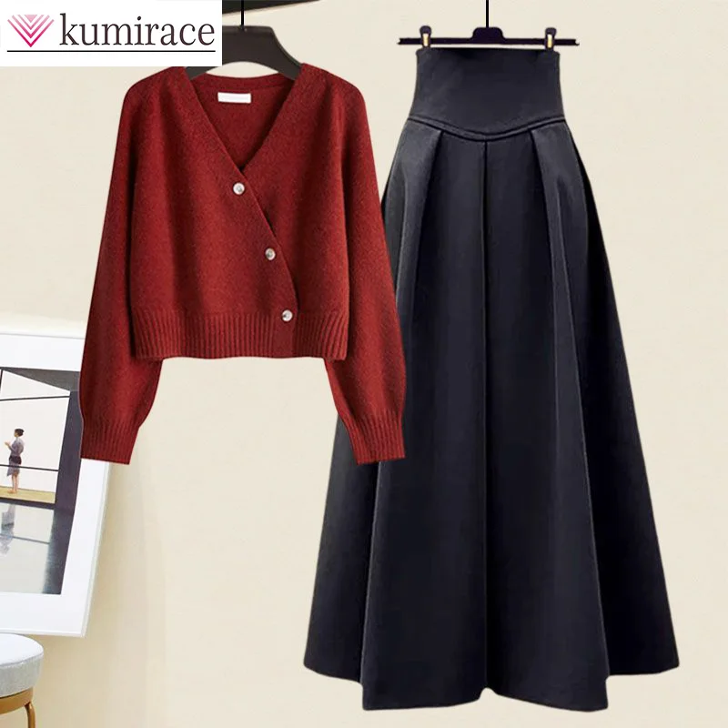 

Autumn 2023 New Western Fashion Large Women's Knitted Cardigan Sweater Half Skirt Commuter Two Piece Women's Skirt Set