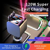 120W 7-in-1 Car Charger Super Fast Charging with Retractable Cable and Ambiance Light Voltage Display for iPhone Huawei Samsung