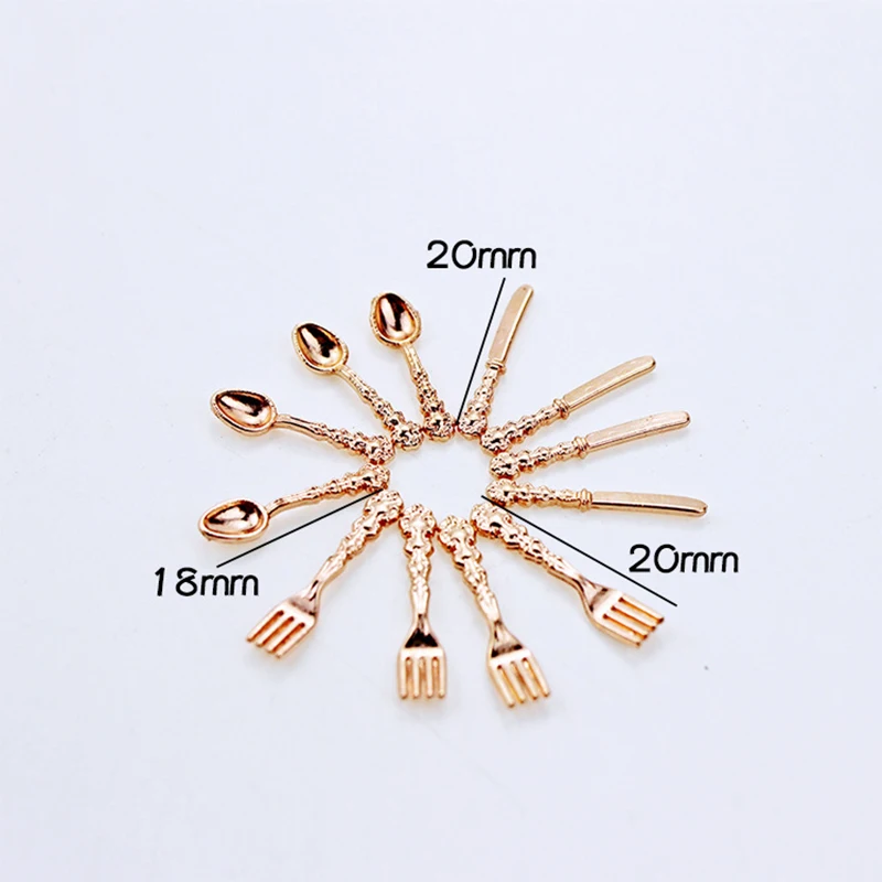 Dollhouse Furniture Set Doll House Toys Pretend Kitchen Toys Kitchen Toys 12Pcs 1:12 Mini Vintage Dollhouse Miniatures Tableware Cutlery Metal Knife Fork Spoon Kitchen Food Furniture Toys Gold Silver
