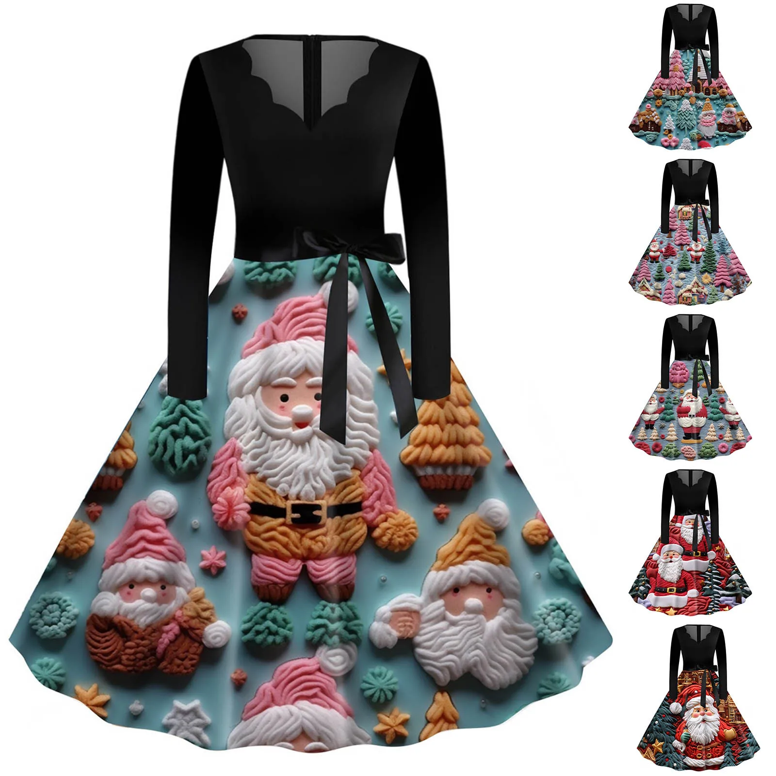 

Womens Round Neck Long Sleeve Printed Vintage Swing Dress Party Dress Christmas Pullover Dress ( Shoulder Less Dress for Women