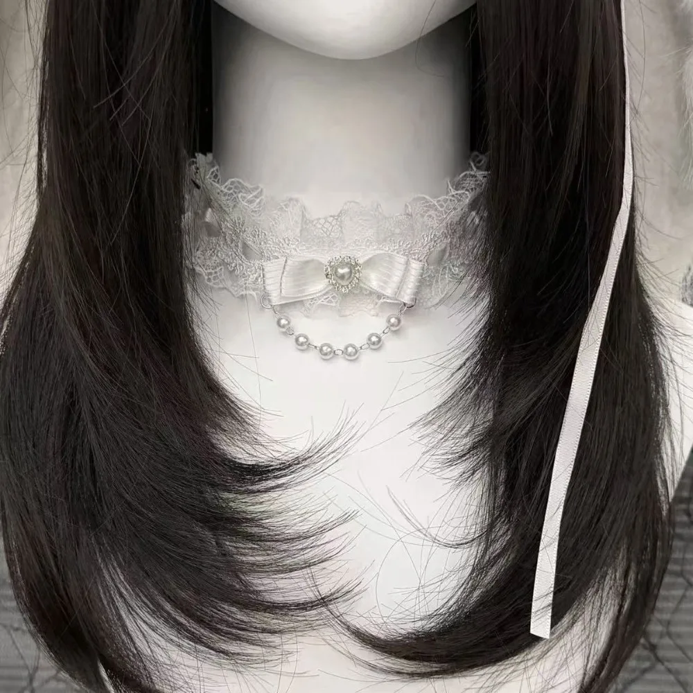 Collana girocollo alla moda con fiocco in pizzo e volant per donna, collana girocollo stile Lolita con perle per ragazza, collana con colletto in pizzo, accessori carini per il collo - immagine 2