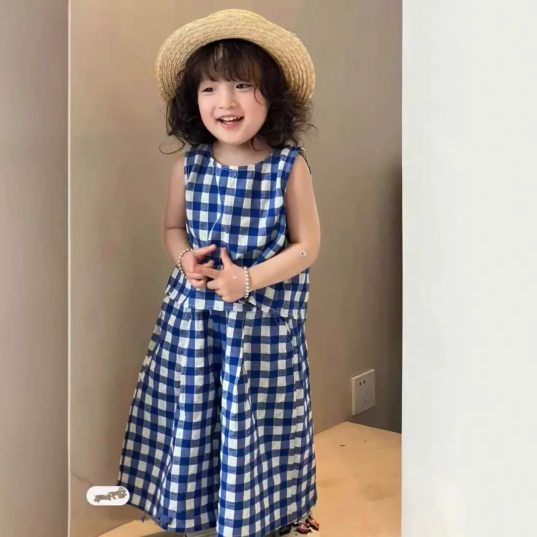 Summer Baby and Girls Cotton Plaid Sleeveless Single Button Shirt Tops + Crop Pant Sets Kids 2PCS Tracksuit Children Outfit 2-9 Yr kids clothing set girls clothing set