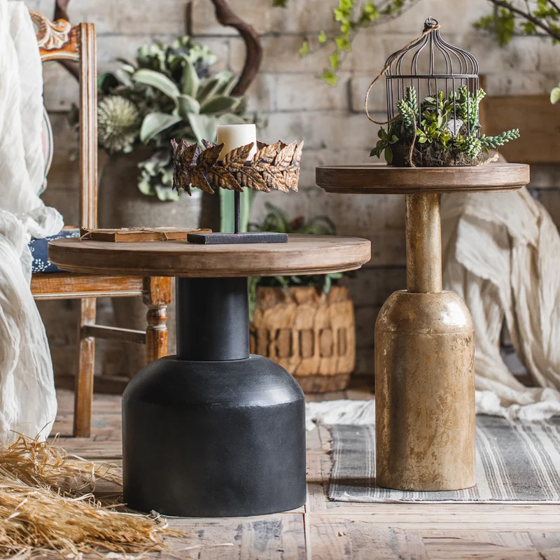 

American Retro Combination Coffee Tables Iron Solid Wood Round Center Table For Living Room Design Furniture Sofa Side Table
