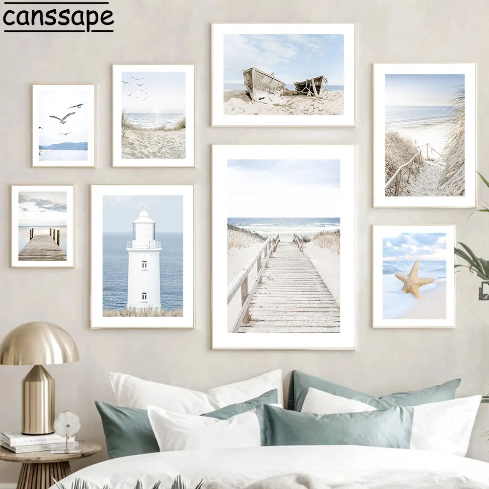 Sea Beach Canvas Painting Gabbiano Art Prints Reed Starfish Print Pictures Bridge Lighthouse Wall Art Nordic Poster Bedroom Decor