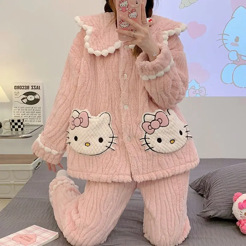 

Милый спортивный костюм Hello Kitty Sanrio из мультфильма My Melody Kuromi, утепленная пижама в стиле принцессы из кораллового флиса