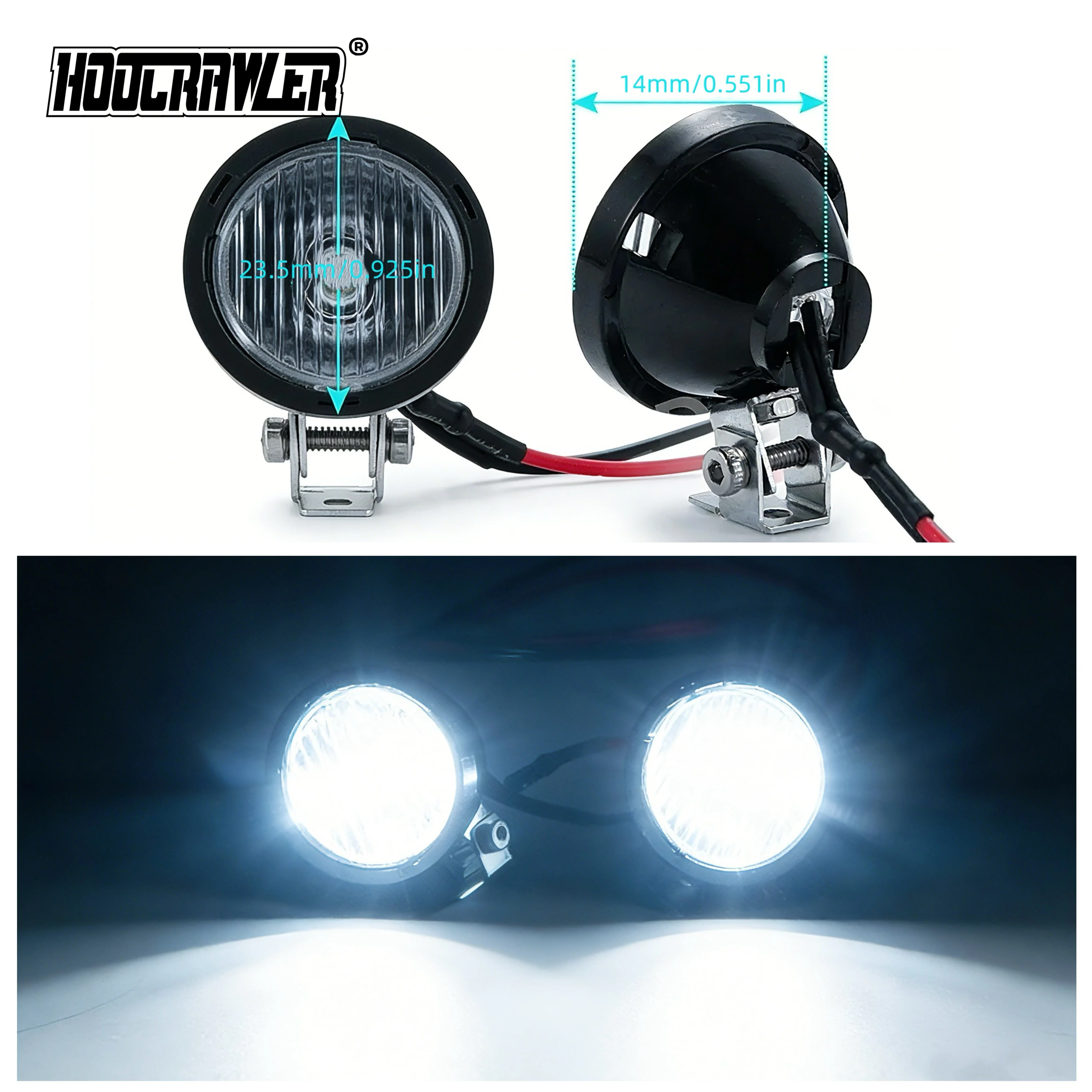 Phares LED pour voiture RC Crawler 1/10 fixés sur un pare-chocs de Traxxas TRX6, prêts pour l'aventure tout-terrain.