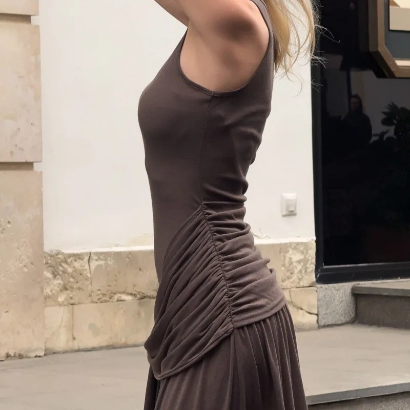 Fashion Ribbon Ruffles Slim Dress For Women Sleeveless Streetwear Long Solid Dress Autumn Lady Club Party Maxi Vest Dress
