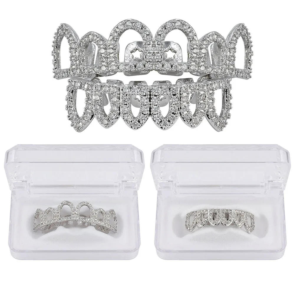 RACHELZ Hip Hop 6/6 Hollow CZ Stone Teeth Grillz For Women Men Micro-Paved Zircon Tooth Caps Dental Grills Body Jewelry
