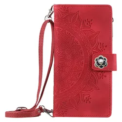 Crossbody Leather Shoulder Wallet with Zipper and Wrist Strap - Holds 8 Cards - Samsung Galaxy A70 (Red)
