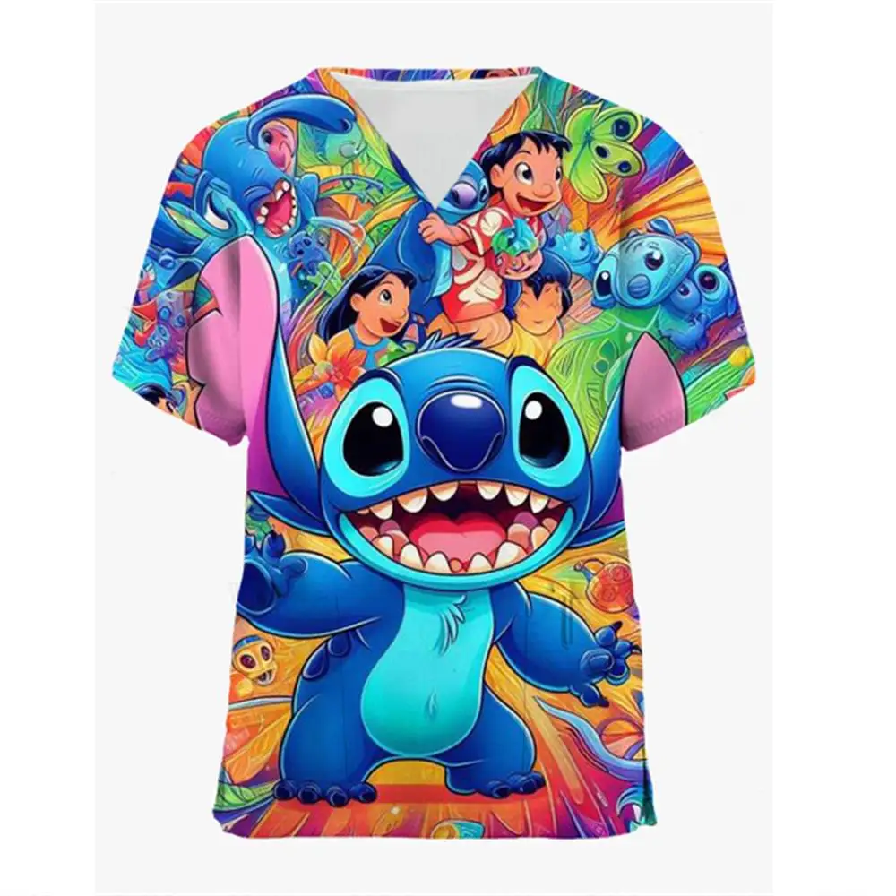 Blusa de manga corta con estampado de puntada de Disney para mujer, uniforme de trabajo para clínica Dental, Hospital, enfermería, cirugía