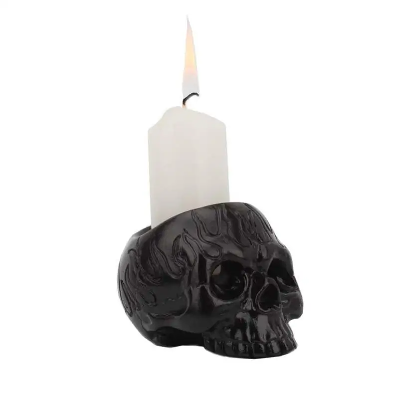 Creative Black Skull Candlestick Halloween Decorative Candlestick Home Skeleton Candlestick Resin Ornament Halloween Decoration