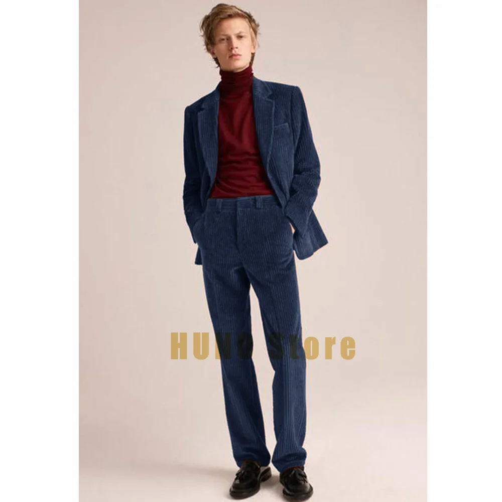 Corduroy men's two-piece set, single breasted retro hunting sports jacket set, waist wrapped, casual, fashionable, elegant men's