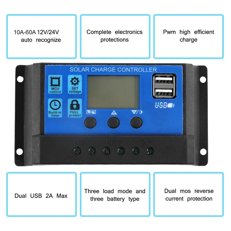 Solar Battery Charge Controller Solar Charger Solar Charge Controller 12V/24V 10A-100A Automatic Solar Panel Controller Regulator Universal USB 5V Charging LCD Display