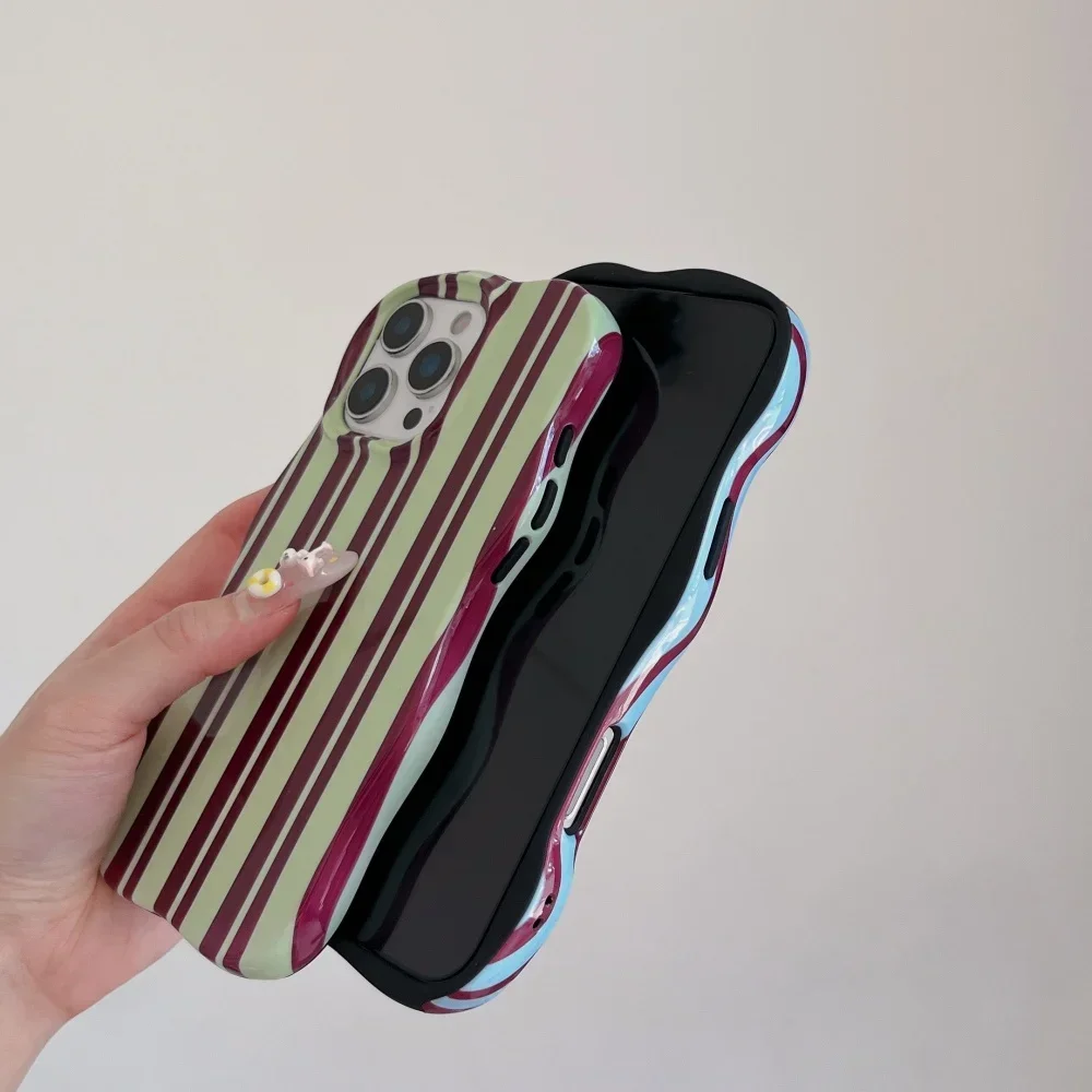Double Color Collision Wave Stripes Phone Case for iPhone 16 15 14 13 Pro Max 16Pro Curly Border Shockproof Ultra Slim Cover 2