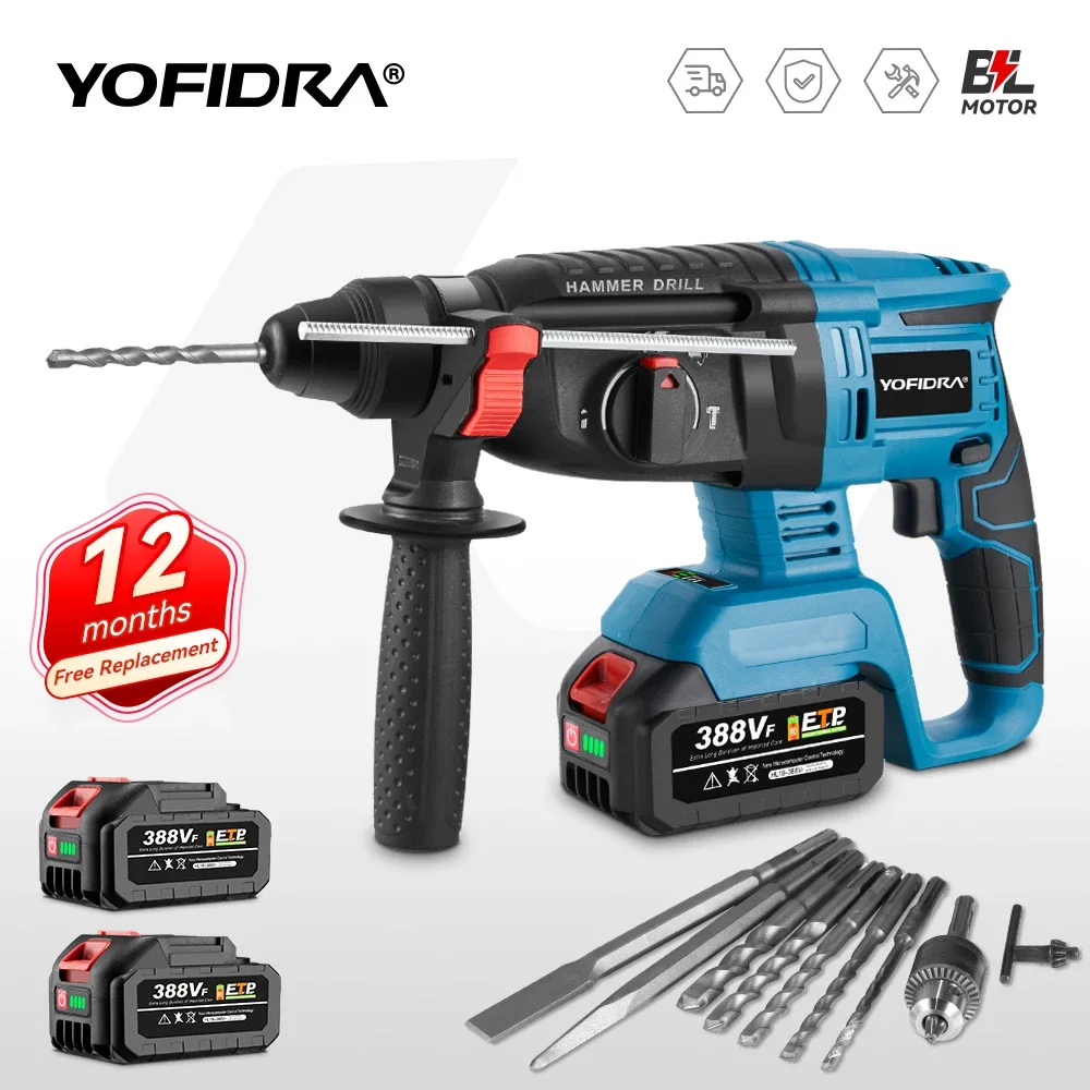 YOFIDRA Brushless Electric Hammer Drill 26MM, cordless impact rotary drill with cylinder motor compatible with Makita 18V battery pin