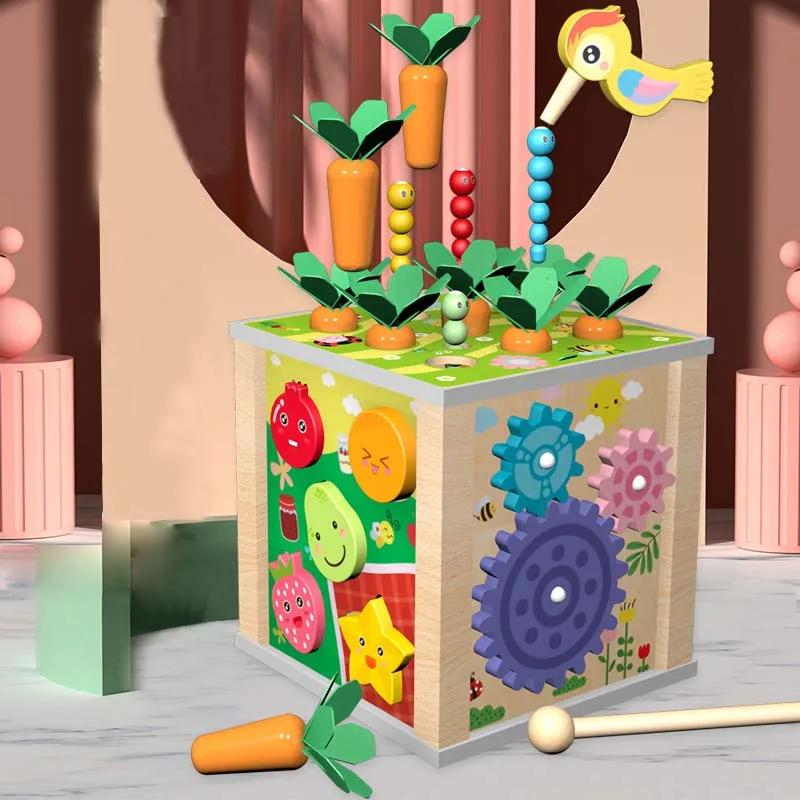 

Montessori Baby Toys 6 in 1 Wooden Activity Cube with Shape Sorting Xylophone Catch Worm Toys Learning and Educational Toys Gift