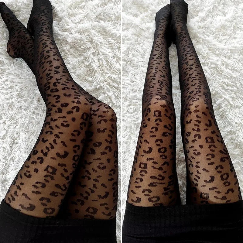 Talenza Sexy Strumpfhose mit Leopardenmuster, Damen-Strumpfhose mit Retro-Print, Schwarz, Super Stretch, dünne Strumpfhose, Y2k Slim Stockings – Detail 6
